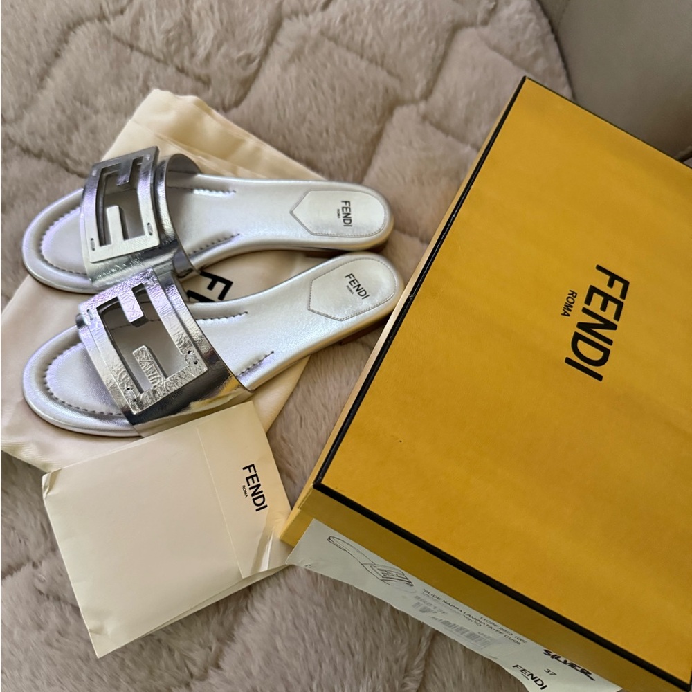 Fendi Silver Metallic FF-Logo Slide Sandals